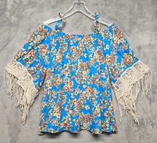 Voom By Joy Han Top Womens Small Blue Floral Lace Fringe Boho Flowy Blouse