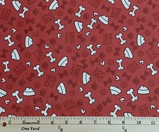 Cotton Spotty Bones Bowls Pawprints Dogs Pet Red Fabric Print by Yard D764.86