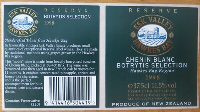 NEW ZEALAND ESK VALLEY CHENIN BLANC Botrytis Select wine labels wine labels