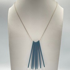 Vintage Plunder Retro Teal Blue Bar Fringe Pendant Gold Tone Statement Necklace