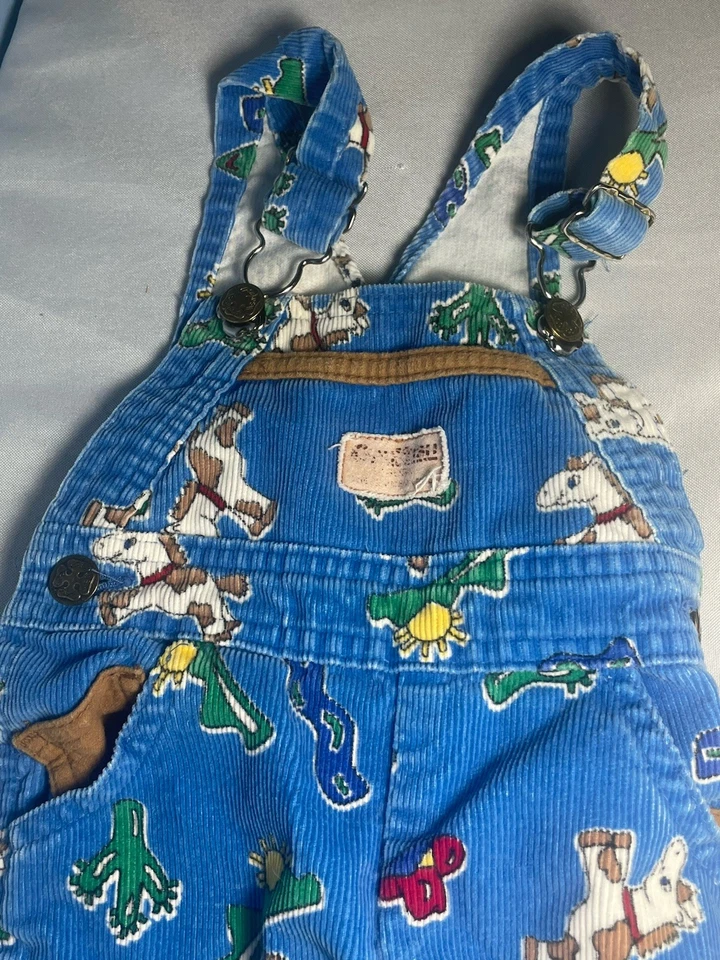 Vintage Oshkosh B'gosh Overalls 3-6 Mos Blue Corduroy Horsey Cowboy Cactus - Image 2 of 4