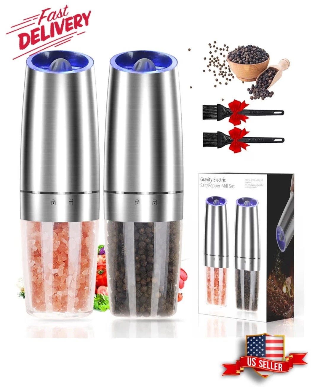 Gravity Electric Salt and Pepper Grinder Set, Automatic Mill Grinder,Battery-Ope