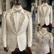 Crystal Rhinestone Men Suits Jacket Wedding Prom Formal Party Blazer Appliques