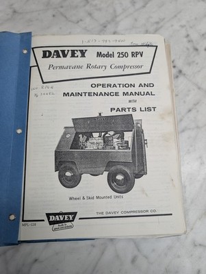 DAVEY MODEL 250 RPV PERMAVANE COMPRESSOR MPL 128 OPERATION MANUAL PARTS LIST