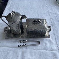 Vintage hammered chrome metal designer tea set with tray & tongs. 