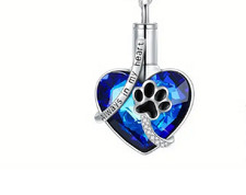 DOG CAT PAW ASHES URN BLUE HEART QUOTE Pendant on 20" 925 Plated Silver Necklace