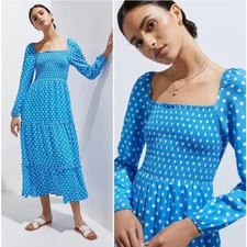 XS Anthropologie Dolan Smocked Tiered Midi Dress Light Blue Polka Dot Cottage