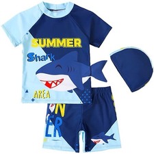 Boys 3 Pics Swimsuit Sets UPF 50 Bathing Suit Rash Guards With Sun Hat 7-8Y