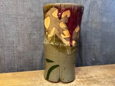 Vintage Art Pottery Vase Studio Mark Leaves Drip Glaze Unique Stoneware Clay