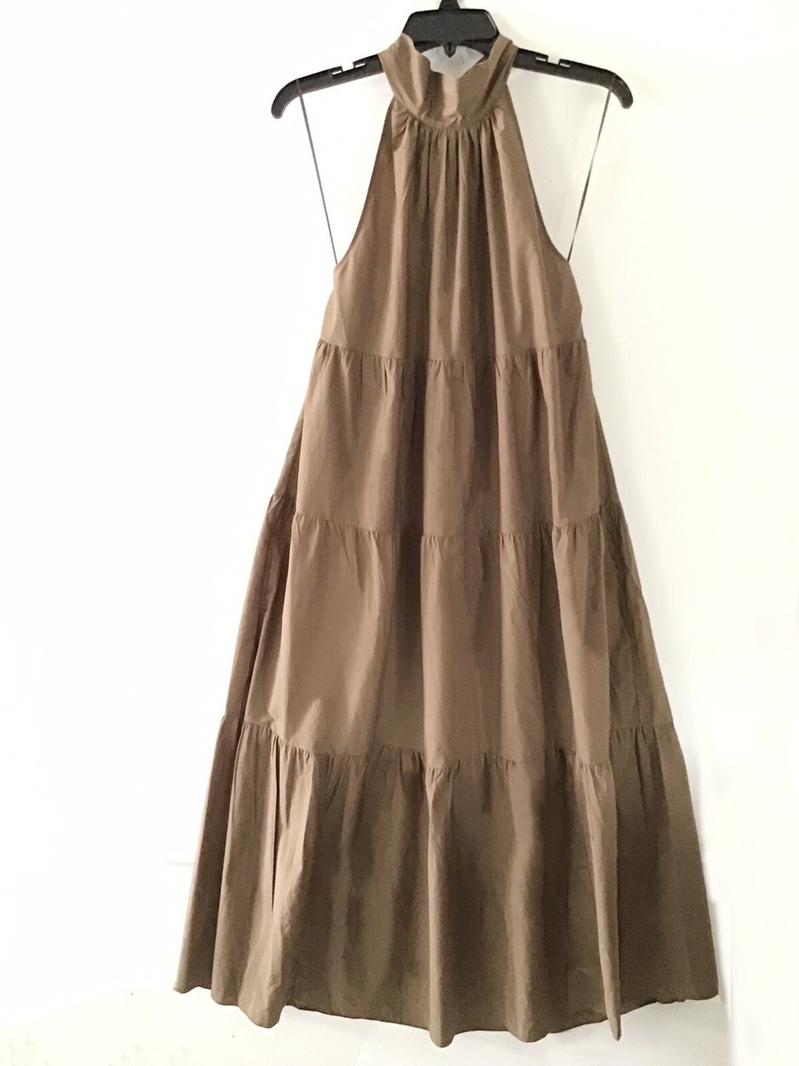 THEORY Tiered Cotton Blend Halter Maxi Dress in Fawn Tech Lawn Size P Reg  $425