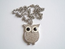 Owl Pendant With Clear Rhinestones Large Metal Silver Tone 50.9 G / 5.9 X 4.2 Cm