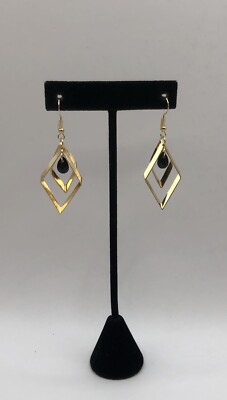 Diamond Shape Two Layer Earrings Black Faceted Teardrop Dangle Goldtone 2.5 