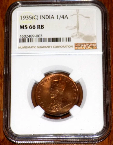 1935 C King George V British India  1/4 Anna NGC MS 66 RB UNC CERTIFIED COIN