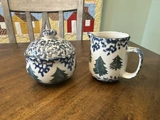VTG Tienshan Stoneware Cabin In The Snow Folk Craft Covered Sugar Creamer Set