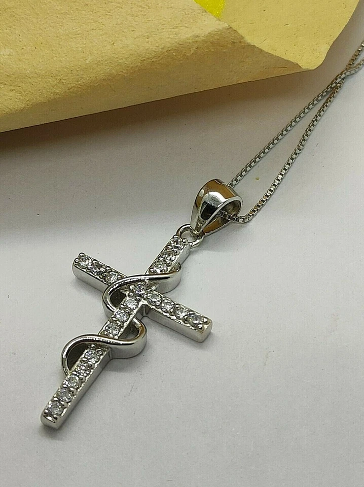 collana con ciondolo argento 925 rodiato croce con zirconi bianchi - Immagine 2 di 4