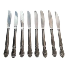 Stainless Steel Silver Tone Dinner Knives Lot Of 8 Japan Rose Pattern Ornate Vtg
