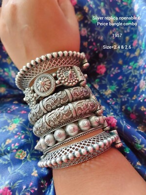 Openable Handcrafted silver antique kada bangle set of 6 premium