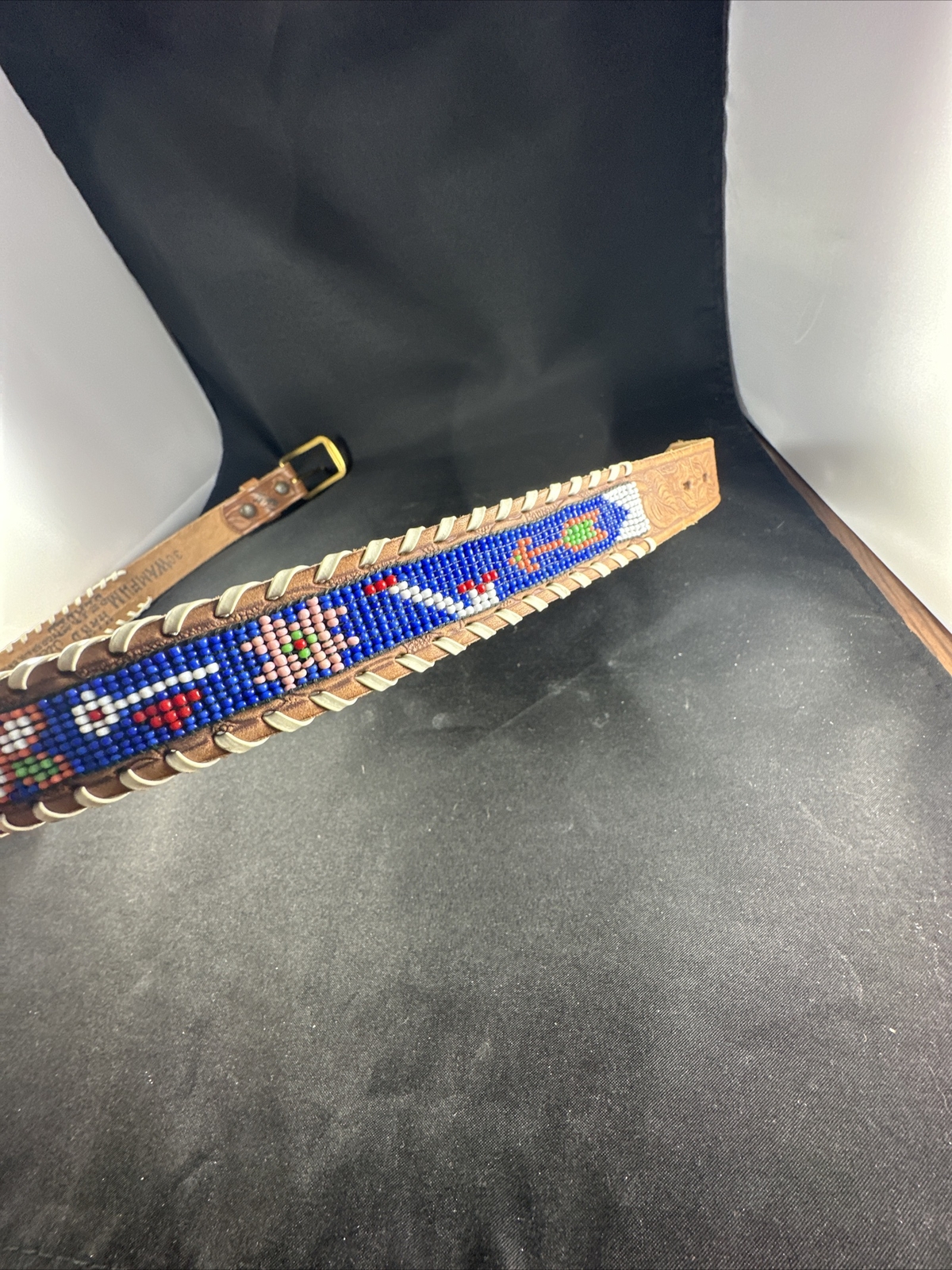 Vintage Wampum Hand Beaded Steerhide Leather Belt SZ … Gem