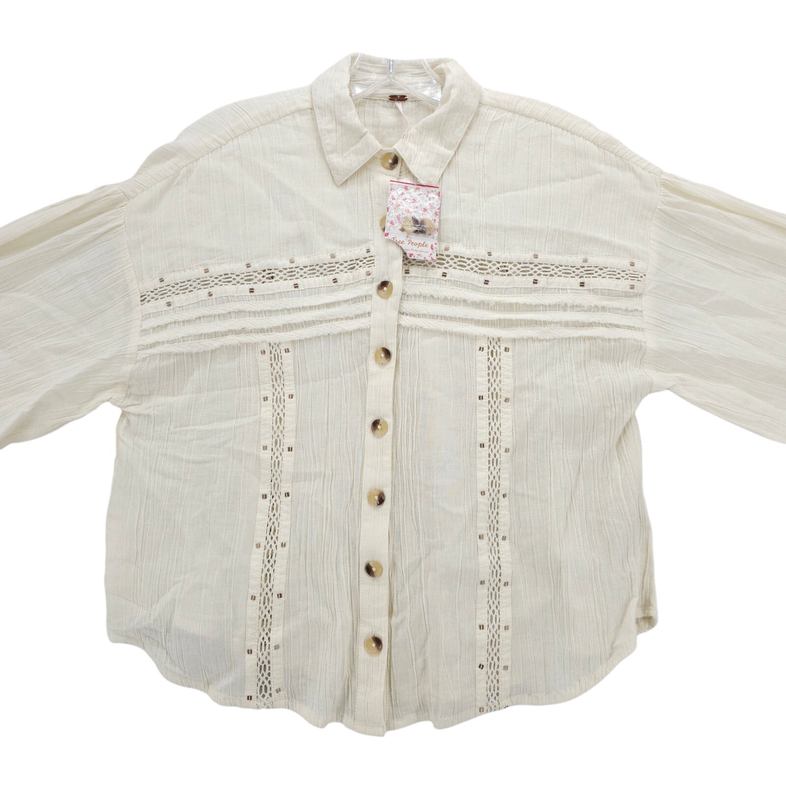 FREE PEOPLE Summer Stars Buttondown Peasant Shirt Crochet Crinkled XS