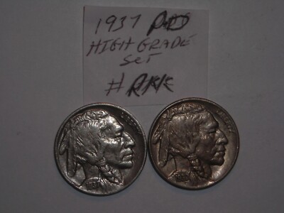 BUFFALO NICKEL 1937,1937D INDIAN HEAD 5 CENT 2 HIGH GRADE SET 1937-D,1937-P LOT2