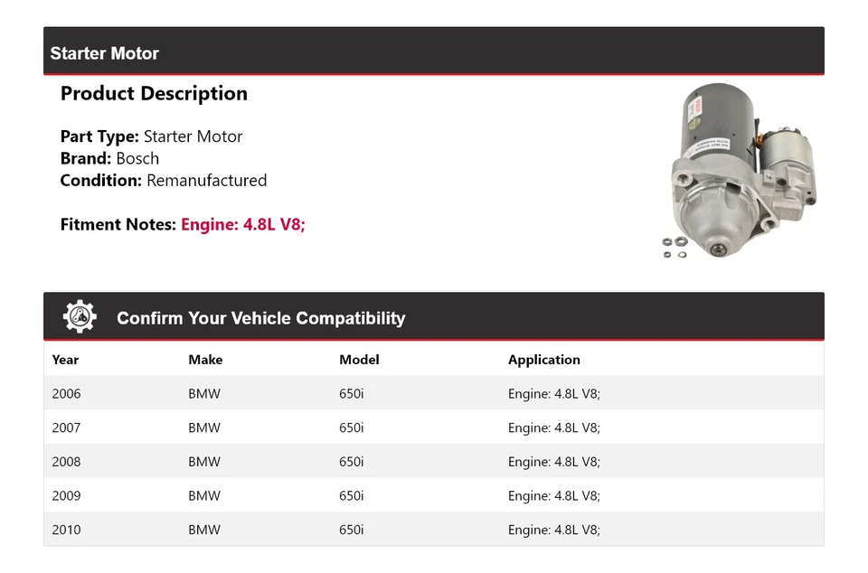 Arranque Bosch para BMW 650i 2006-2010 4,8 L V8 (remanufacturado) 2007 2008 2009 Foto 2 de 4