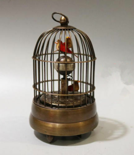 Antique Decorated Old Copper Carved Bird In Cage tick Mechanical Table Clock - Afbeelding 5 van 6
