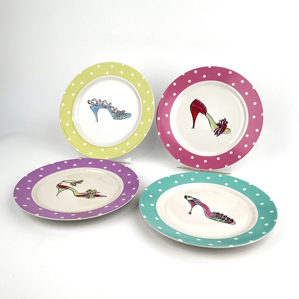 NOS Set of 4 Rosanna 8” Dessert/Salad Plates Tres Chic High Heels Polka Dot Edge - Image 2 of 4