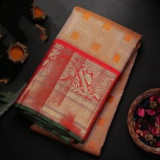 Women Banarasi Silk Saree Zari Jacquard Work Orange Color With Blouse Piece