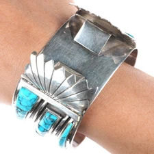 6.75" Vintage Navajo sterling silver spiderweb turquoise watch cuff bracelet