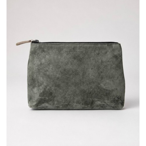 Brunello Cucinelli Pochette Cuir Daim Vert Sac Cosmétique Rare Femme Fermeture Éclair - Photo 1/10