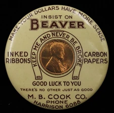 1929 Insist on Beaver Advertisement Pocket Mirror w/ Encased Cent (65368)