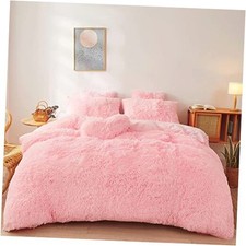 Fluffy Faux Fur Pink Comforter Cover Set - Ultra Soft Plush Queen Light Pink