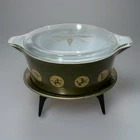 Rare VTG Pyrex Zodiac 475-B 2.5 Qt Green Casserole w/ 475-C Lid & Cradle Stand
