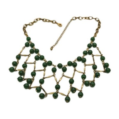 Cascade Necklace Green Beaded Bar Link gold tone Couture Bib Green Ball 18 in