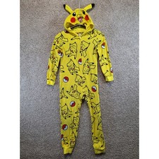 Pokemon One Piece Pajamas Kids 6/7 Yellow Pikachu Hooded Sleeper Fleece Costume