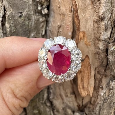 Wesentlicher großer ovaler Burma-Rubin Platin 6,45 kt GIA mit Diamant Halo-Ring
