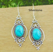 Natural Turquoise Gemstone 925 Sterling Silver Handmade Dangle Drop Earrings 2"