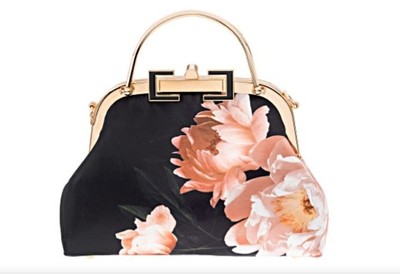 Off Park Collection Gold Tone Black and Pink Floral Printed Clutch NEW