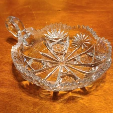American Brilliant Period Star Burst 6" Candy Dish Handled Cut Crystal EUC