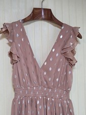 Lulus Dress Womens Small Pink Metallic Polka Dot Flutter Sleeve Midi Sundress