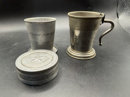 2 Vintage Folding Collapsible Metal Drinking Cups Magic Pat 1908 & Handle
