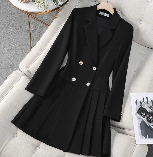 Vestido formal feminino peito duplo escritório blazer vestido terno saia notícias diárias - Imagem 2 de 4