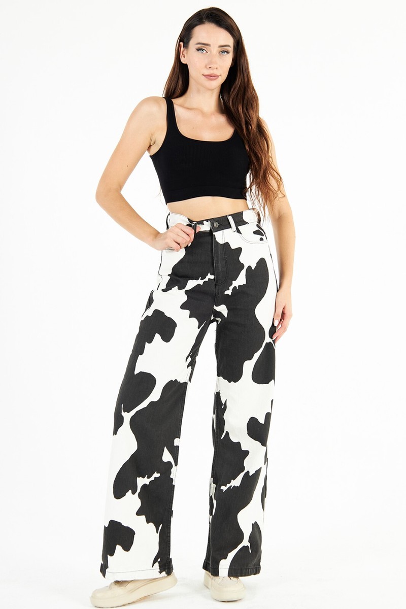 Women's High Waist Cow Pattern Milka Palazzo Wide Leg Jeans Loose