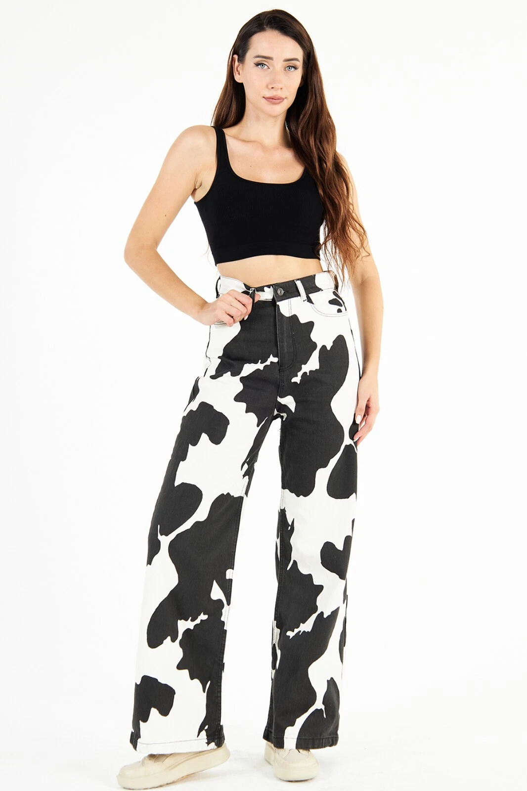 Women's High Waist Cow Pattern Milka Palazzo Wide Leg Jeans Loose Denim Pants