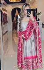 Presenting Grey Heavy Pure Chinnon Gown With Dupatta For Women Festival Wear