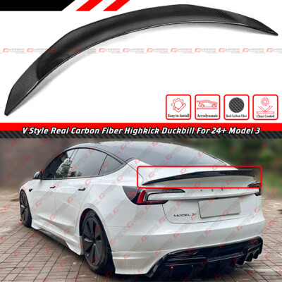 For 2024-25 Tesla Model 3 Highland V Style Caron Fiber High Kick Trunk Spoiler