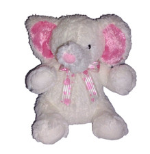 Aurora ELEPHANT White Fur 10in Sitting Plush Pink Ears White Bow Pink Hearts