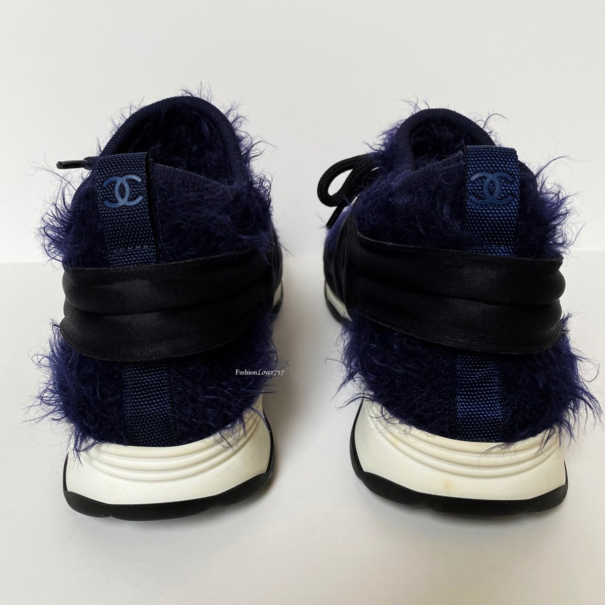 MINT 18A CHANEL NAVY BLUE BLACK STRETCH FUZZY SNEAKERS 37 | eBay