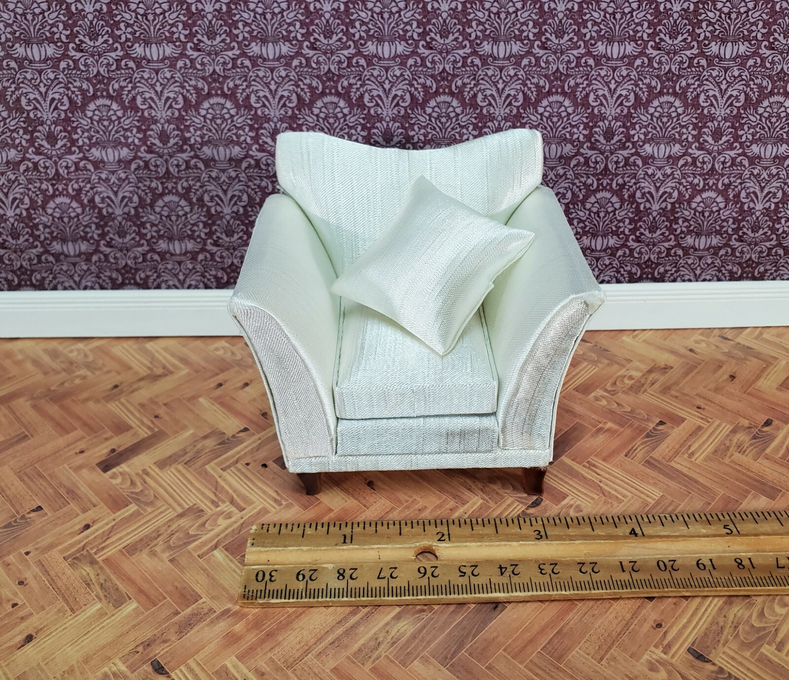 Dollhouse Arm Chair Cream Faux Silk with Cushion 1:12 Scale Miniature Furniture