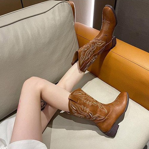 Damen Bestickt Western Mid Calf Cowgirl Stiefel Blockabsatz Stiefeletten Schuhe - Bild 22 von 26